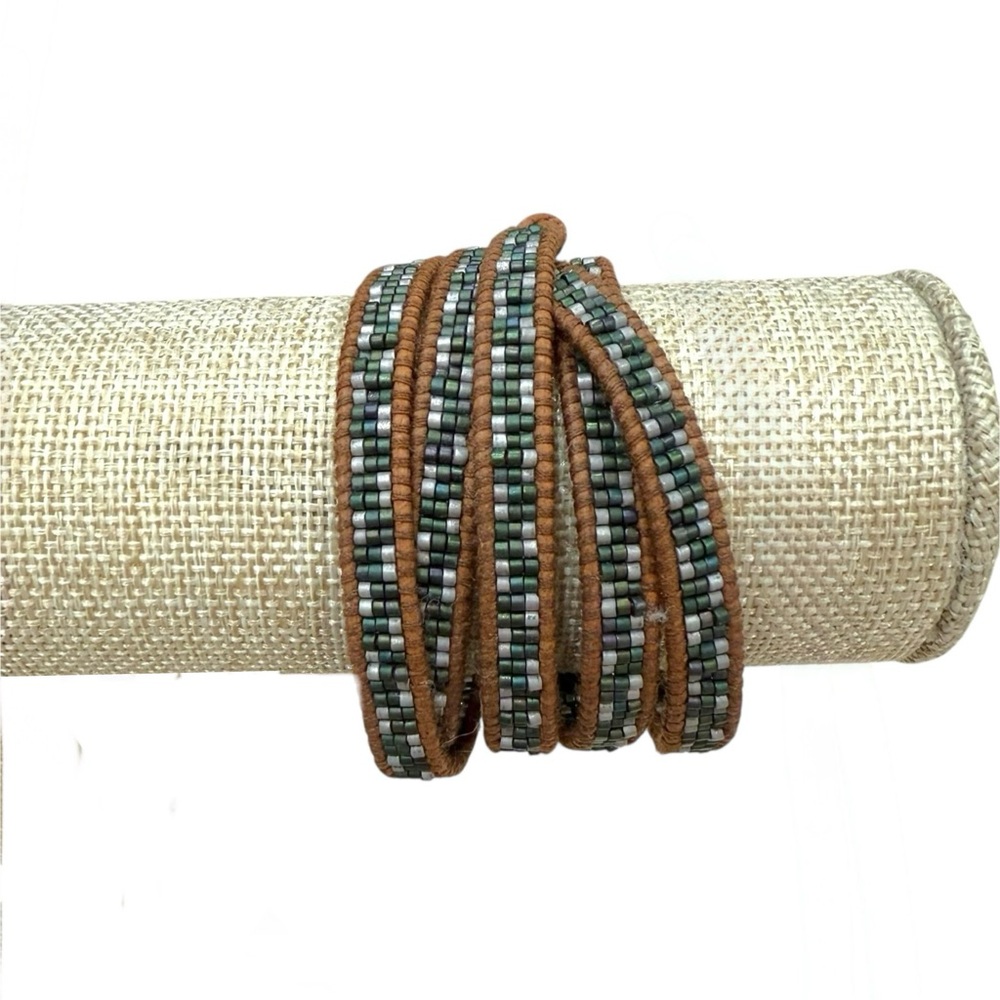 Chan Luu Leather + Bead 5-Wrap Bracelet Sterling Silver Closure / Green Gray